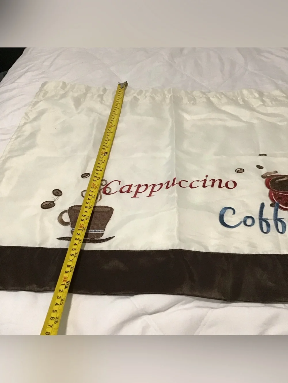 Cappuccino Coffee Kitchen Curtain Panel in White, Brown and Red two panels